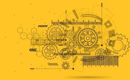 yellow and black vector art of gears and machinery