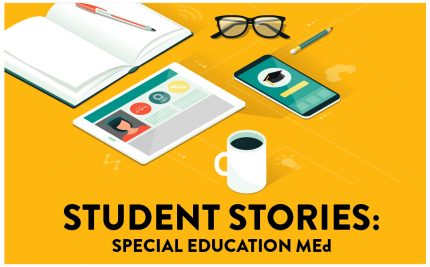 Amy Wallace student story vector art with a notebook glasses tablet and coffee special_education_med_online_student_story