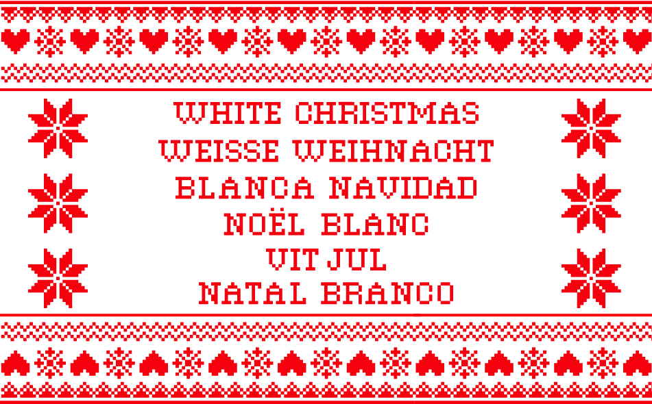 white christmas spelled in a number of different languages in the style of an ugly sweater