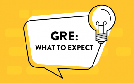 Speech bubble with a lightbulb for our resource blog and the speech bubble says GRE: What to Expect