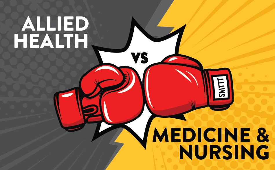 Vector art of boxing gloves connecting in the middle for the Allied Health Vs Medicine and Nursing blog
