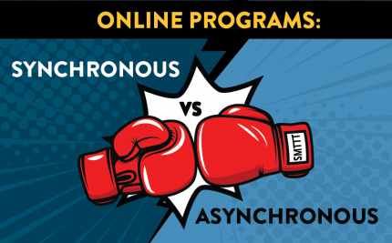 Synchronous vs Asynchronous Online Programs text with boxing gloves graphic