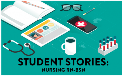 rn-bsn student story image with vector art of notes, a medical tablet, test tubes, and a stethoscope