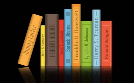 vector art of books of different colors with the names of presidents on the spines