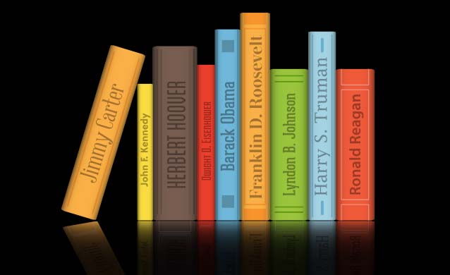 vector art of books of different colors with the names of presidents on the spines