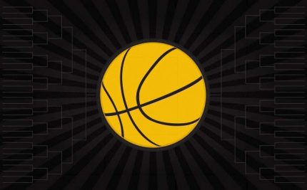 a black vector art with a playoff bracket and a yellow basketball