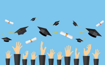 vector art of hands tossing caps and diplomas at graduation