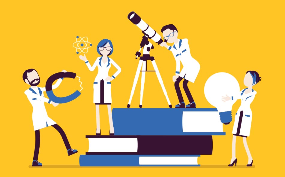 vector art of different scientists standing on a large stack of books with lightbulbs a molecule magnets and a telescope