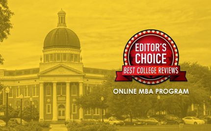 yellow image of the administration building with a badge for the Editor's Choice for best online MBA program