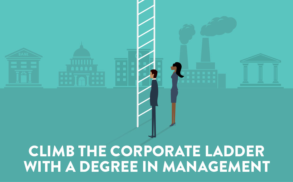 two business professionals standing at the bottom of a ladder