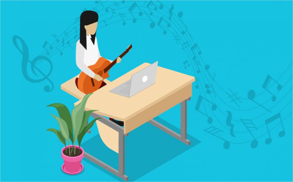 vector art of a student at a computer playing guitar for the music_teachers_blog post