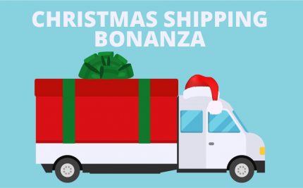 vector art of a shipping truck with a large package in the back and wearing a santa hat