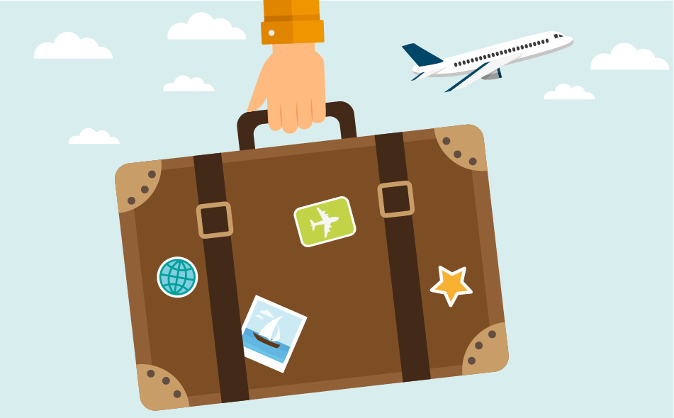 vector art of an airplane and hand holding a suitcase