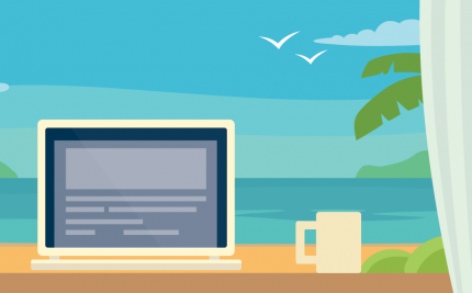 vector art of a view of the sea with birds a coffee mug and a computer