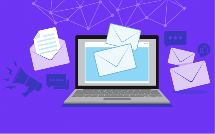 vector art of a computer with received mail icons all around it on a purple background