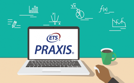 a vector art of a laptop computer with the ETS praxis logo with a person registering for the test