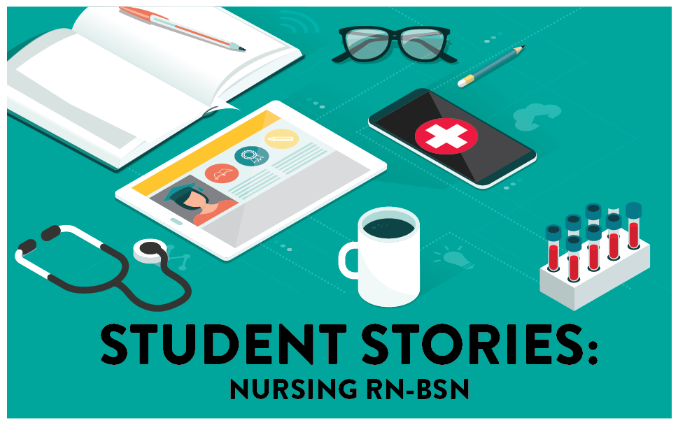 rn-bsn student story image with vector art of notes, a medical tablet, test tubes, and a stethoscope
