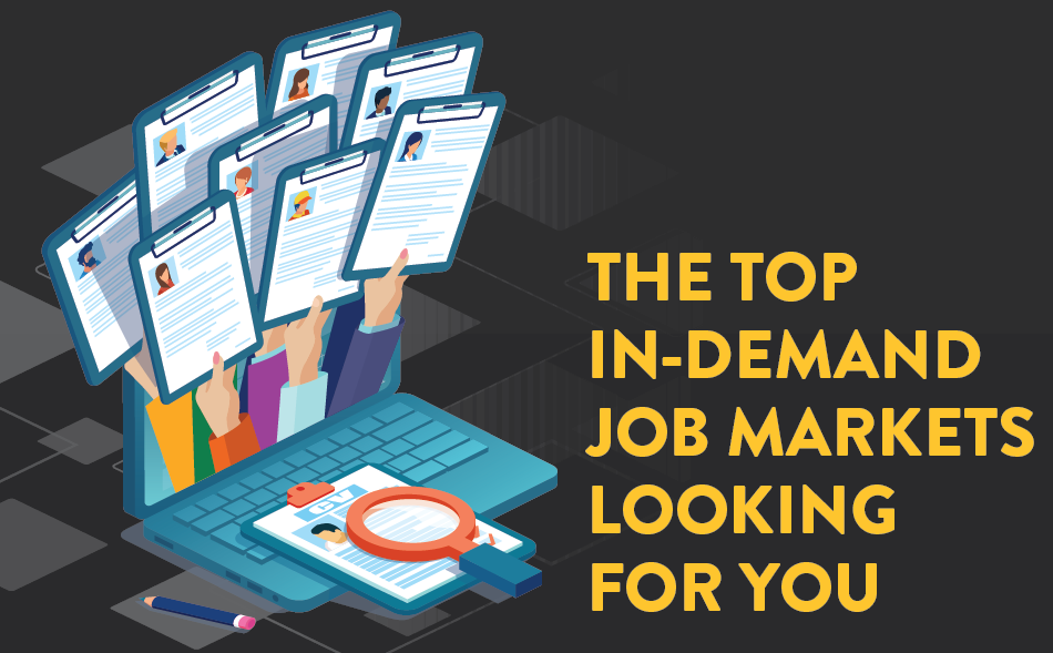 black background vector art of people handing in resumes for a job with "the top in-demand job markets looking for you" in yellow beside the resumes