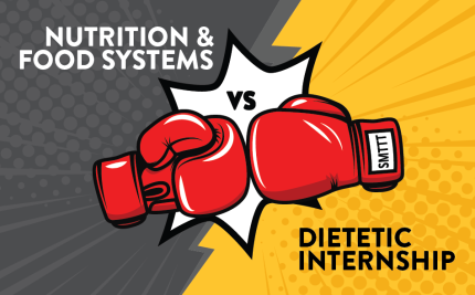 boxing gloves over a yellow and black background for the Nutrition and food systems vs dietetic internship blog