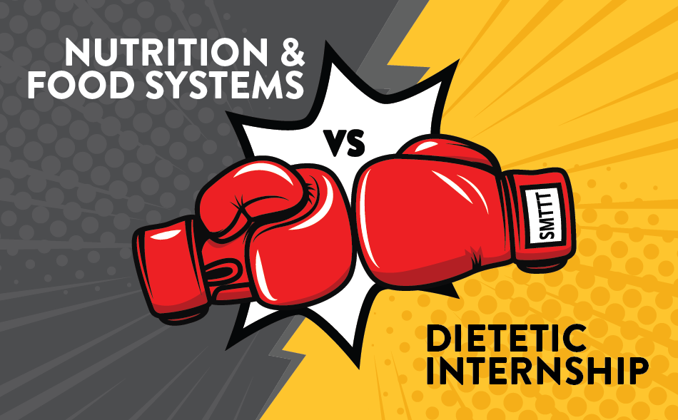 boxing gloves over a yellow and black background for the Nutrition and food systems vs dietetic internship blog