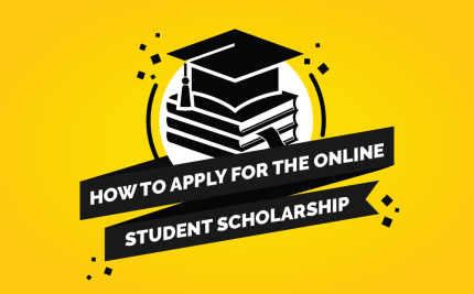 vector image for the online student scholarship blog, yellow background with a stack of books and a ribbon banner that has the title scrawled across it