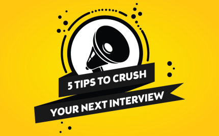 yellow vector art with a megaphone with a ribbon banner for 5 tips to crush your next interview blog