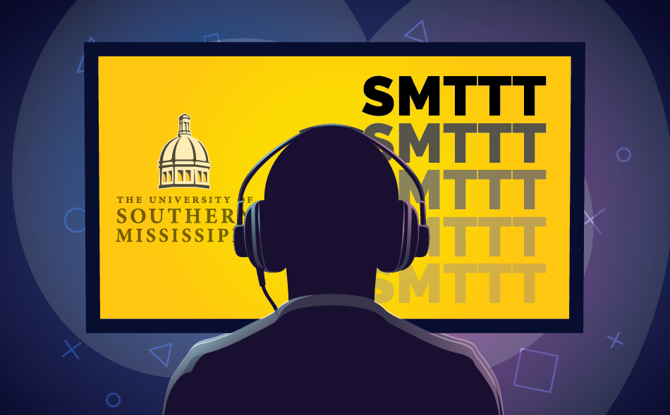 esports player with headphones in front of a monitor displaying SMTTT and the southern miss logo