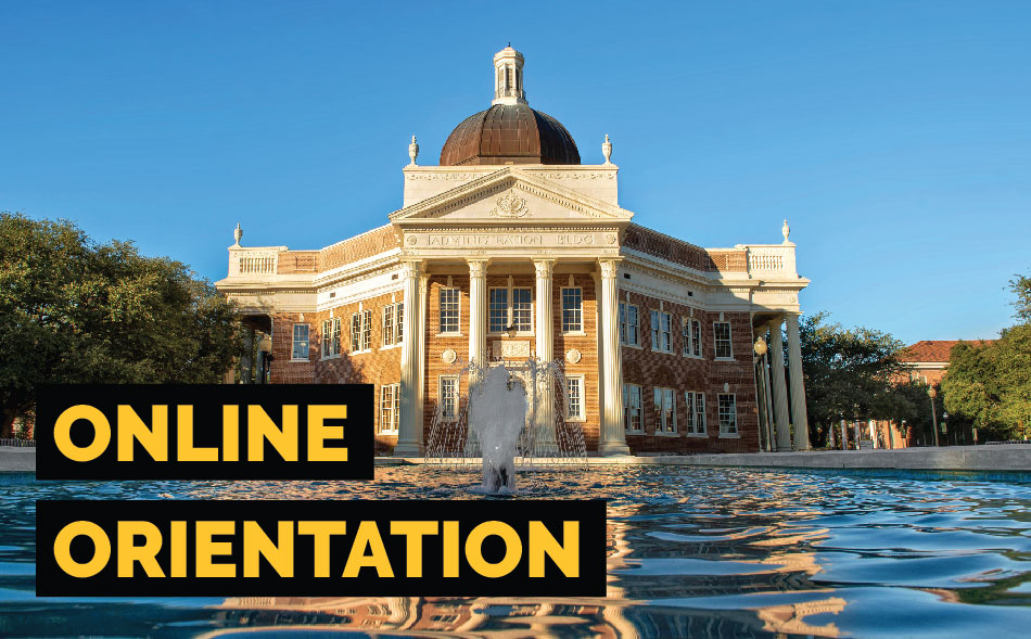 online orientation text over picture of on campus building