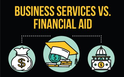 vector image with black background and gold text business services vs. financial aid