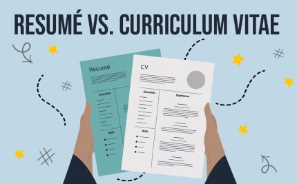 vector image with text "resume vs curriculum vitae" with hands holding papers with the title resume and cv