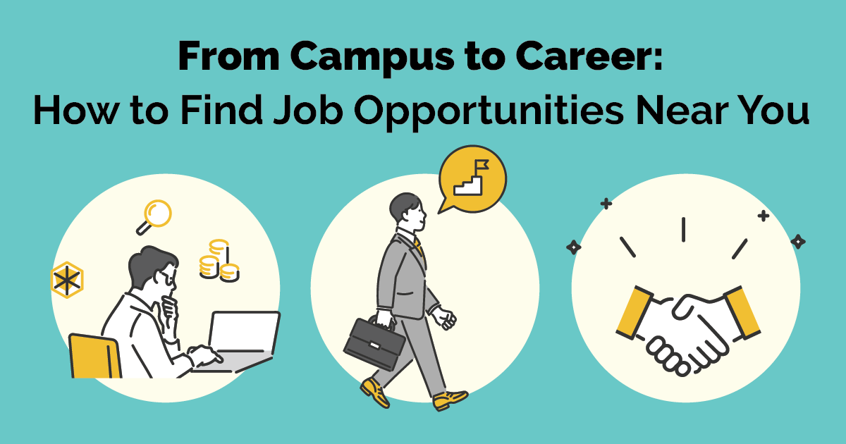 vector image of working professionals with text "from campus to career: how to find job opportunities near you"